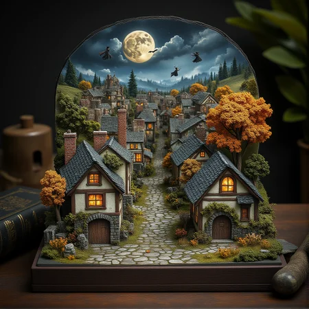 This is a miniature diorama that recreates a town lined with old buildings reminiscent of Medieval Europe, and a world where young, beautiful witches fly through the sky on broomsticks. It is placed next to a grimoire. Each roof and wall is carefully weathered, and professional lighting gives it an indistinguishable finish from the real thing.
<lora:Flux.1_Turbo_Detailer:0.7>, <lora:Diorama_Flux:0.9>