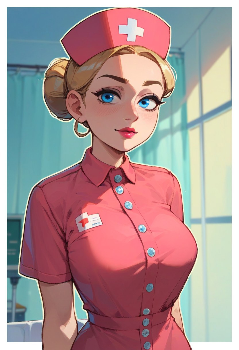 score_9, score_8_up,  score_8_up, 1woman, mature body, nurse, blue eyes, clean eyes, clean eye lines, simple shadows, flat coloring, flat shadows, thick lines, white outline, highly detailed,   absurdres, best quality,