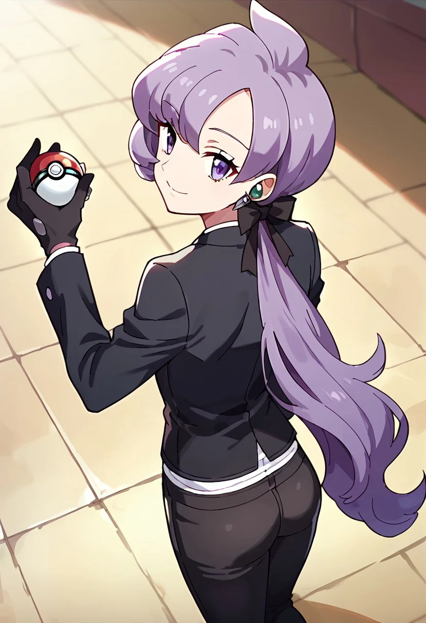 score_9,score_8_up,score_7_up,score_6_up,score_5_up,score_4_up,1girl, anabel, ass, black gloves, black jacket, black pants, black ribbon, closed mouth, cowboy shot, dutch angle, earrings, eyebrows behind hair, gloves, hair ribbon, holding, holding poke ball, jacket, jewelry, long hair, long sleeves, looking at viewer, looking back, low ponytail, pants, pantylines, poke ball, purple hair, ribbon, smile, solo, very long hair, violet eyes, from above,look up, anime screencap,