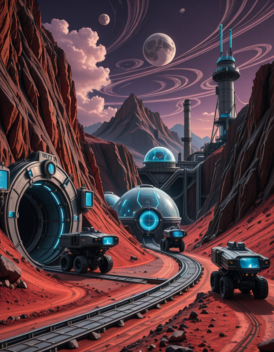 A futuristic mining outpost on a distant, rocky planet with a harsh, alien landscape. The mine entrance is a massive, reinforced metal tunnel carved into the side of a jagged, dark-red mountain. Advanced, glowing blue energy lights line the entrance, illuminating the metallic tracks that lead deep underground. Large, heavily-armored mining vehicles with mechanical arms and drills are stationed nearby, extracting rare minerals from the rock. The ground is covered in fine, reddish dust, kicked up by the movement of autonomous robotic drones that transport ore to a towering industrial refinery in the background. The sky is a deep, dark purple with swirling clouds and two distant moons casting a cold, eerie glow. In the distance, futuristic habitation domes with transparent walls house workers in protective exosuits, their silhouettes visible inside. A neon-lit control tower monitors operations, its holographic screens displaying real-time data. The atmosphere is both desolate and technologically advanced, evoking a sense of exploration and survival on the edge of the galaxy.
<lora:SDXLFaeTastic2400:0.4> <lora:extremely_detailed:0.4> extremely detailed,futuristic mining 0utp0st, <lora:futuristic_mining_0utp0st-i:1>, Masterpiece,best quality,hi res,8k,hi res,8k,award winning,(sharp focus, intricate, highly detailed),