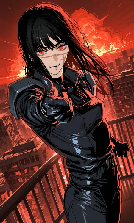 red eyes, 1girl, yoru \(chainsaw man\), long hair, scar on face, ringed eyes, (cyberpunk:1.2), (science fiction:1.2), black bodysuit, armor, shoulder pads, (finger gun:1.15), aiming at viewer, black gloves, science fiction, balcony, serious, (\(mushroom cloud\):1.15), explosion, smoke, (city:1.15), ruins, laughing, crazy, looking at viewer, red theme, cowboy shot, leaning back, small breasts, (mature female:0.5), (masterpiece, best quality, very awa:1.0)