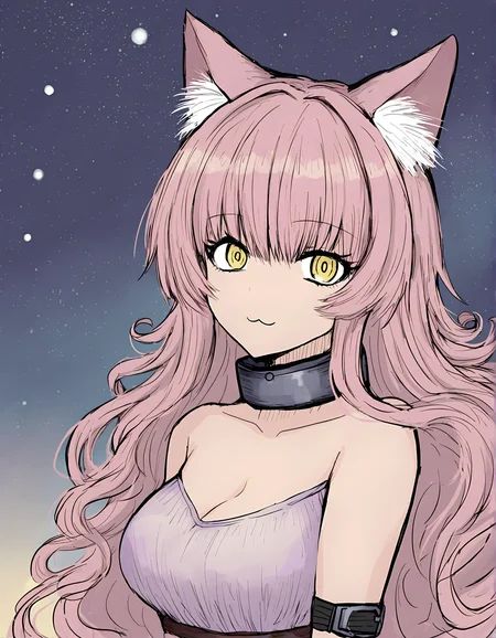 sushi yuusha toro, 1girl, sensitive, solo, :3, animal ears, pink hair, yellow eyes, collar, star (sky), breasts, cat ears, cleavage, starry sky, curly hair, sky, upper body, metal collar, space, medium breasts, long hair
very awa, masterpiece, best quality, year 2024, newest, highres, absurdres, <lora:black-souls-style-noobai-vpred10-v4:1>
