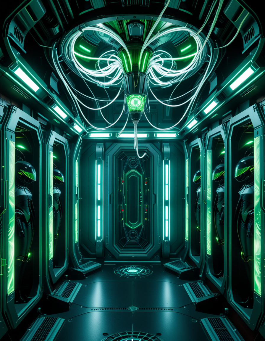 A dark, oppressive regeneration chamber deep within a Borg vessel â a biomechanical environment where drones return to recharge and interface with the collective. The chamber is dimly lit with pulsating green and white lights that flicker through dense shadows. The walls are lined with vertical alcoves, each containing a Borg drone standing motionless, plugged into the system via biomechanical tendrils, tubes, and neural interfaces embedded into their bodies.
The surfaces of the room are a fusion of metallic plating, organic texture, and cybernetic growths â as if the ship itself is alive, constantly shifting and adapting. Steam hisses softly from vents near the floor, and faint mechanical whirring echoes through the chamber. Fiber optic cables pulse with data transmissions, running across the ceiling like glowing veins. 
Above, a central neural conduit hangs like a mechanical spine from the ceiling, branching out and connecting to each alcove, feeding the collective hive mind with real-time information. The atmosphere is cold, sterile, and unnervingly silent â a place devoid of individuality, where only the will of the collective exists. There is no comfort here, only efficiency, order, and total control. 
<lora:SDXLFaeTastic2400:0.4> <lora:extremely_detailed:0.4> extremely detailed,<lora:borg_recharge_ch4mb3r:1>,borg recharge ch4mb3r, Masterpiece,best quality,hi res,8k,hi res,8k,award winning,(sharp focus, intricate, highly detailed),