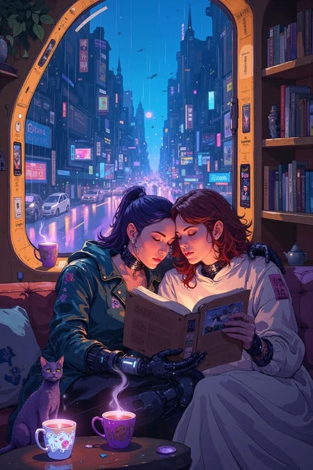 Inside a cozy, futuristic bookstore where holographic pages turn themselves and fairy-light drones hover between shelves, a couple cuddles together in a reading nook, their faces softly illuminated by the glow of floating text. The woman, a soft-spoken elf with chestnut curls and warm hazel eyes, leans against her girlfriendâs shoulder, completely engrossed in a digital fairytale that plays out like a tiny, shimmering theater in front of them. Her girlfriend, a punk-styled cyborg with undercut purple hair and glowing tattoos, smirks as she scrolls through a sci-fi comic on her wrist interface, occasionally stealing glances at her partnerâs enraptured expression. Outside, rain patters against the curved glass windows, distorting the neon city lights into a mesmerizing blur of blues and purples. A tiny robotic cat, its body sleek and metallic, curls up at their feet, purring softly as it absorbs warmth from the ambient energy of the store. A gentle mist of lavender-scented steam rises from the mugs of glowing tea beside them, adding to the warm, dreamy atmosphere. The elf sighs contentedly, nuzzling closer, and the cyborg chuckles, pressing a kiss to the top of her head before turning the page. , detailed background Fantastic lighting. Detailed shadows.intricate details, vivid colors, hyper-detailed, ultra-sharp, , DB4RZ, DB4RZ style painting, NeoPigma, in the style of cksc, anime, cyberpunk, a masterpiece, award winning,<lora:CPA:0.5><lora:FLUX-daubrez-DB4RZ:0.3><lora:NeoPigmaV3:0.35><lora:ck-shadow-circuit-000021:0.35>