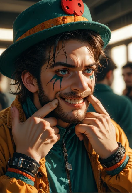 score_9,score_8_up,score_7_up,embedding:zPDXL2, film grain,Cinematic Lighting,colorful, 1boy, green_hat,mirror, from behind, from above, forced smile, mouth pull, fingersmile, makeup, clown nose, runny makeup, cyborg, bodysuit, headgear, beard, teeth,<lora:增强\(收藏)\sdxl_lightning_8step_lora.safetensors:1.0:1.0> <lora:增强\(收藏)\Midjourney mimic 2.0.safetensors:0.2:0.2> <lora:(风格)\Photo 2 Style SDXL_LoRA_Pony Diffusion V6 XL.safetensors:0.2:0.2> <lora:增强\(收藏)\Midjourney mimic 1.2.safetensors:0.6:0.6> <lora:(风格)\(收藏)\fiasco_A1.safetensors:0.6:0.6> <lora:(风格)\(收藏)\unholy-000009.safetensors:0.2:0.2> <lora:JokersForcedSmile_pdxl_Incrs_v1.safetensors:0.8:0.8>