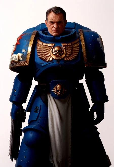 <lora:WH40K_Titus-PONY:0.9> whtitus, mature male, facial scar, black hair, black eyes, solo, ultramarine, emblem, pelvic curtain, pauldrons, power armor, cowboy shot, white background, absurdres, score_9_up, score_8_up, score_7_up, score_6_up, score_5_up, score_4_up, Source: Warhammer40K, chainsword