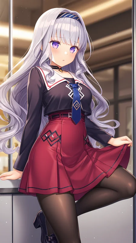 amazing quality,absurdres,best quality,masterpiece,highres,newest,detailed,detailed body,detailed face,masterpiece,best quality,solo,
koruta,1girl,long hair,solo,pantyhose,red skirt,purple eyes,black pantyhose,hairband,black footwear,long sleeves,very long hair,grey hair, choker, high-waist skirt,<lora:夢è¦ãèå§«ã³ã«ã¿:0.8>,