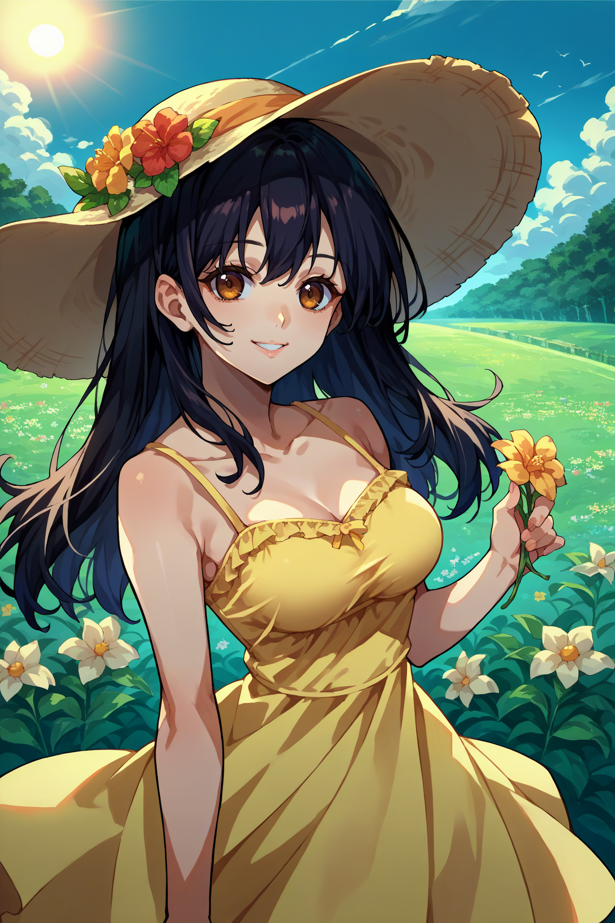 score_9, score_8_up, score_7_up, score_6_up, source_anime, 1girl, solo, <lora:himeragiyukina-pdxl-nvwls-v1-000005:1> himeragistb, black hair, long hair, brown eyes, breasts, yellow sundress, spaghetti straps, sun hat, meadow, flowers, holding flower, looking at you, smile