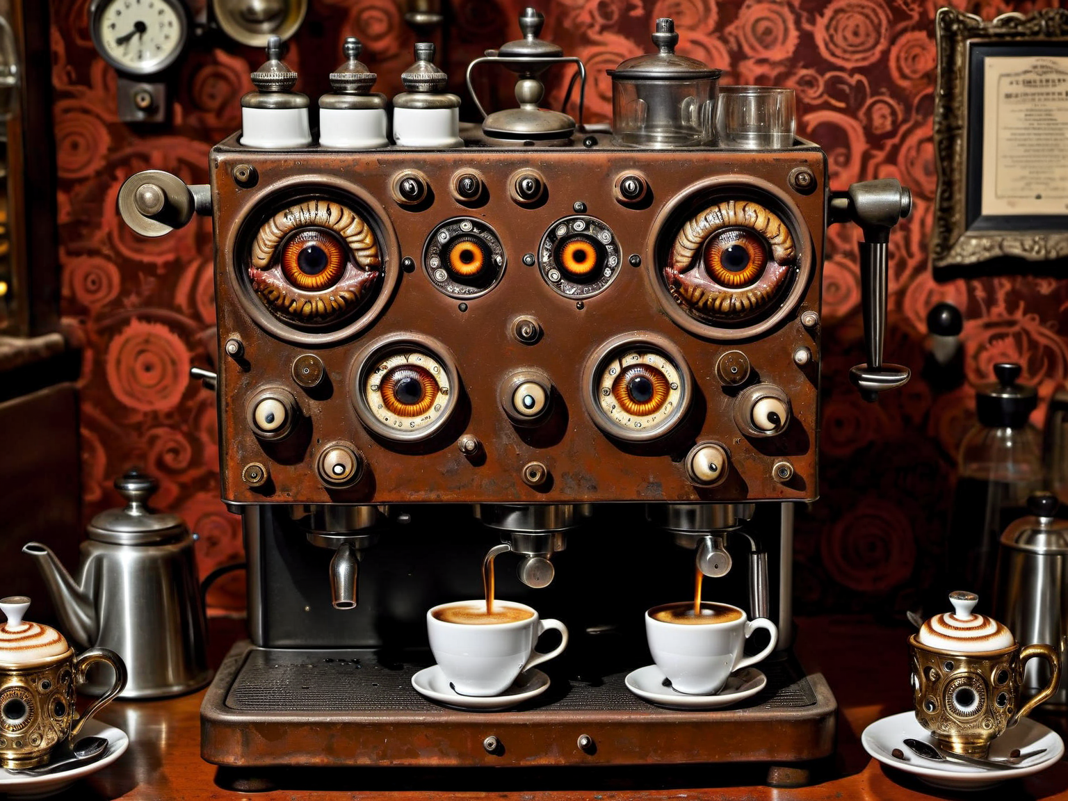 <lora:HorrorAI:.8> ManyEyedHorrorAI  coffee machine , Highly detailed, horror setting, intricate detailed background