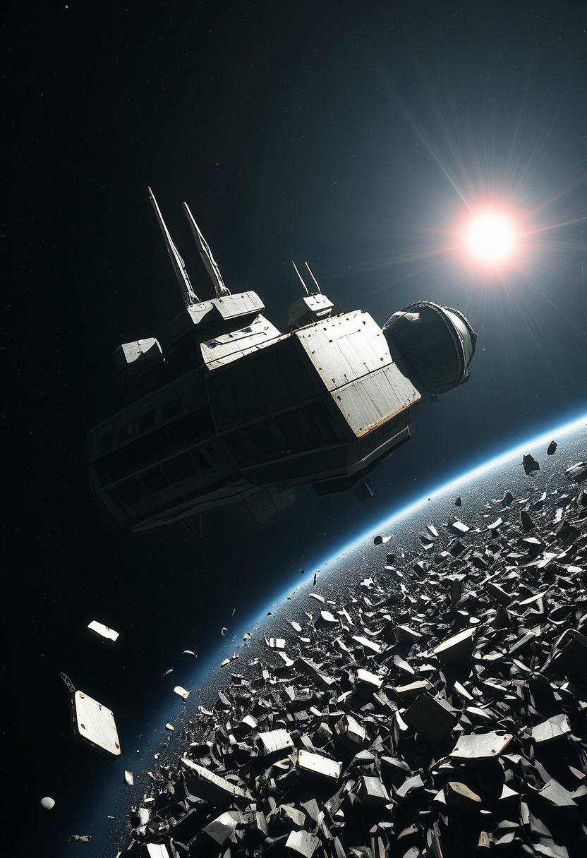SPCDEB, spaceship, flying, debris, fisheye