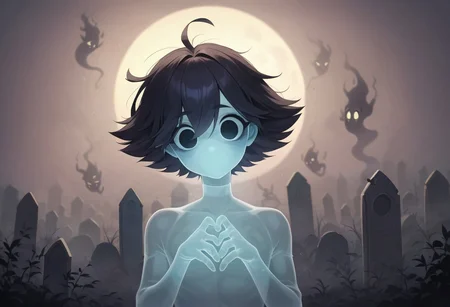 score_9, score_8_up, score_7_up, score_6_up, ghost boy, ghost, spirit, femboy, 1boy, feminine, cute, sexy, white skin, translucent skin, translucent hair, mysterious mist, beautiful face, ghost eyes, black eyes, scare pose, good_hands, floating, mist legs, closeup, graveyard scenario, dark background