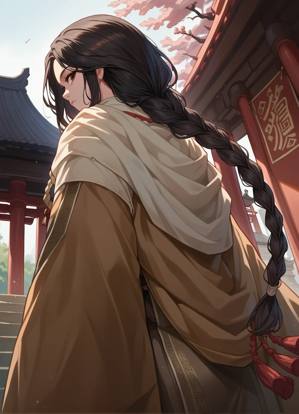 score_9, score_8_up, score_7_up, source_anime, temple, 1girl, standing, from behind, from below, questioner's face, black hair, divinechild, japanesde clothes, eye contact,braid, brown eyes, <lora:divinechild:0.8>