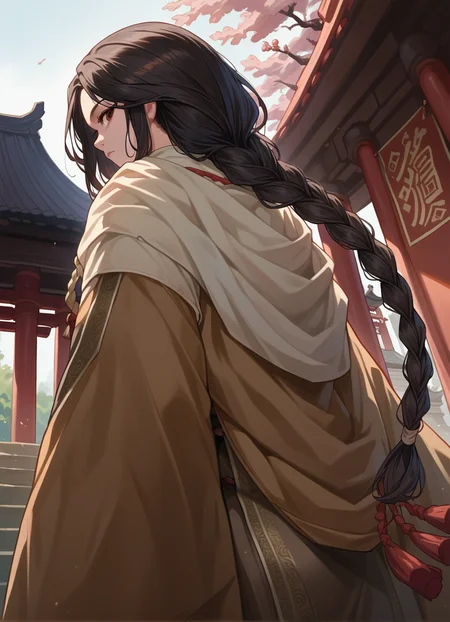score_9, score_8_up, score_7_up, source_anime, temple, 1girl, standing, from behind, from below, questioner's face, black hair, divinechild, japanesde clothes, eye contact,braid, brown eyes, <lora:divinechild:0.8>