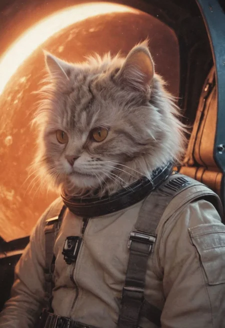 otherworldly Back to Planet meow, Closeup Portrait, Hyper-Realism, Capturing the essence of a Vintage StarWars serenity, a breathtaking fluffy tousled old cat as Spaceship Pilot, graces the hyperpunk hyperspeed driver seat, Wrapped in a translucent pastel orange rebel pilot suit, his radiant smile and laughing eyes reveal the joy of the moment against the backdrop of the translucent Blue Eclipse, leaving Planet earth.r., Radiating with Neon Brightness. With Ultra Detailed Anatomy and Perfect Lighting, Every Detail Shines. From a Bright Sideview, the Scene Pops with Cinematic Atmosphere and black sand. Shot in UHD Quality, This Candid Moment Captures the Epicness and Vibrancy of the Moment. Explore the Depth of Field for an Eye-Catching Experience, Where Imperfections Add to the Natural Beauty.surrounded by a detailed monochrome spacescape with translucent dark-scarlet Highlights, hyper-detailed, sharp, high resolution, high quality, 32K, Ultra realistic, HD, super detailed, line art, abstract style