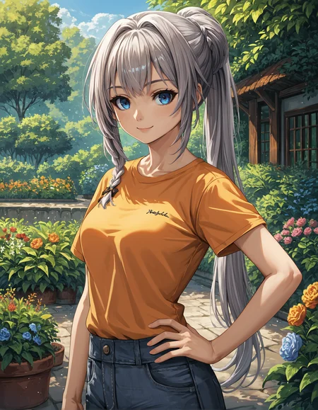 score_9, score_8_up, source_anime, 1girl, solo, upper body, medium shot, detailed, mgrcyakumomitama, mtmwtr, grey hair, ponytail, side braid, blue eyes, light smile, hand on hip, orange t-shirt, outdoors, garden, (side view:0.6), <lora:mgrcyakumomitama_XL:0.9>