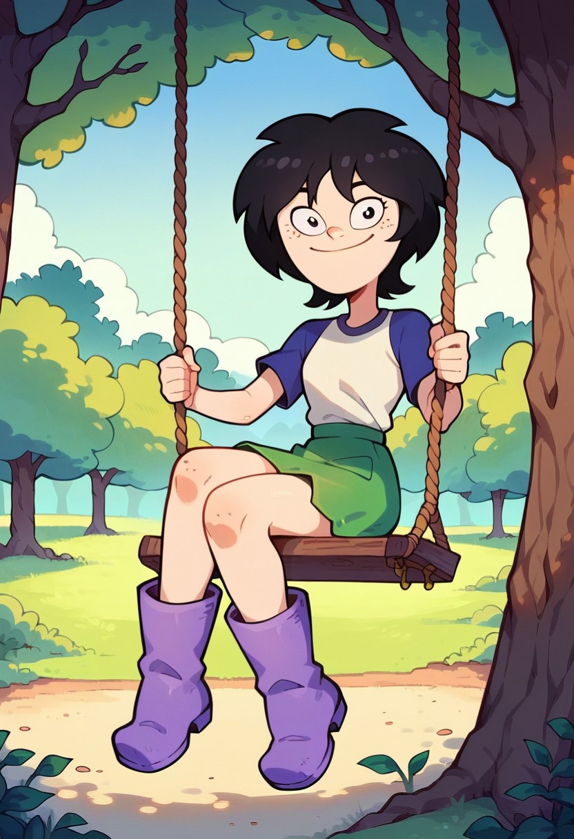 score_9, score_8_up, score_7_up, 1girl, solo, lara (/jorel/), black hair, freckles, white shirt, raglan sleeves, green skirt, purple boots, looking at viewer, smile, closed mouth, outdoors, tree, swing, sitting