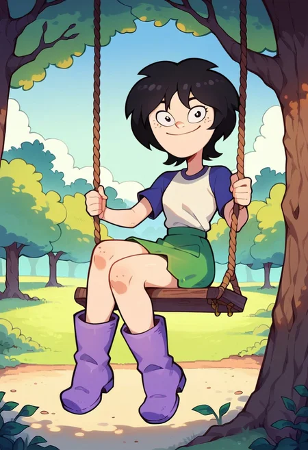 score_9, score_8_up, score_7_up, 1girl, solo, lara (/jorel/), black hair, freckles, white shirt, raglan sleeves, green skirt, purple boots, looking at viewer, smile, closed mouth, outdoors, tree, swing, sitting