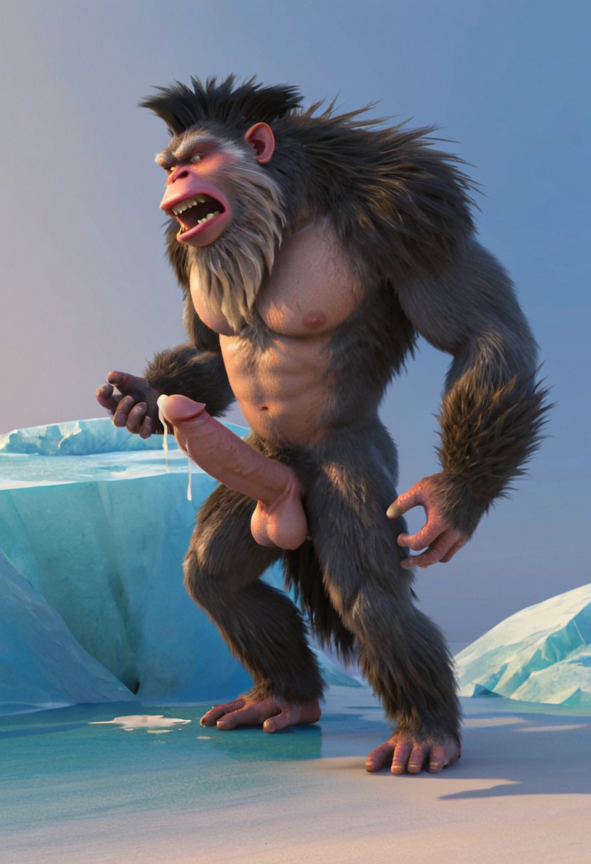 score_9, score_8_up, score_7, score_6_up, score_5,
on a floating iceberg, ice and ocean in the background, solo,
<lora:J_cartoon:0.6>
<lora:Top 2.5DCartoonV2:0.4>
 <lora:Furry_Lora_Gut_Ice_Age:0.4>
BREAK
 (captain_gut:1.5, Gigantopithecus, ape, great ape), roaring,claws, furry, male, brown eyes, furry body, two tone fur, dark gray fur, brown fur, dark grey pelt, bown pelt, black hair, pale skin, 
 standing, large penis, cum covered, balls, masturbating,