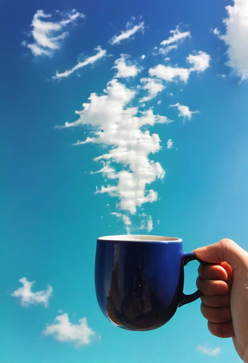 F-B-C, POV, foreground: a hand holding a mug  , background: clouds , effect:  clouds evaporate from a warm mug