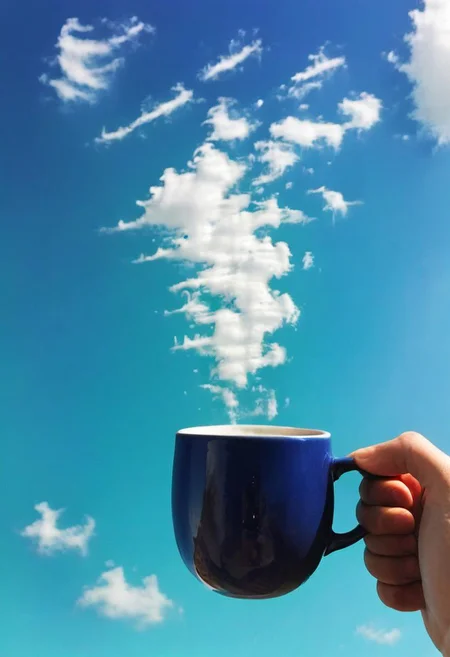F-B-C, POV, foreground: a hand holding a mug  , background: clouds , effect:  clouds evaporate from a warm mug