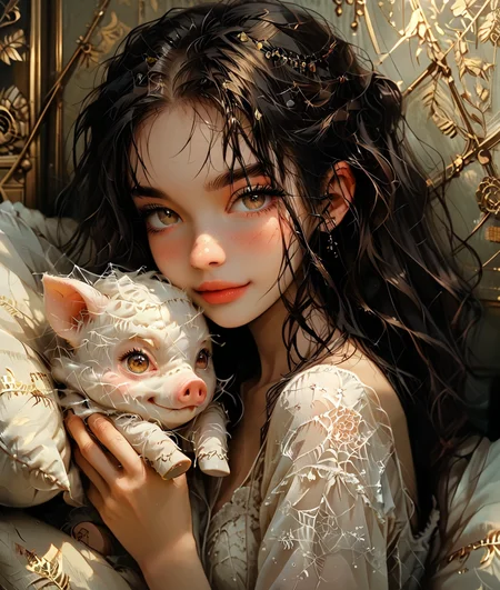 score_9,score_8_up,score_7_up,8K,4K,masterpiece,(best quality),highly detailed,ultra-detailed,
female spider essence holding pigsy,(gentle smile),(playful and cute expression),(looking at the other),(delicate hands wrapped around the pillow),(elegant and flowing hair),(traditional yet whimsical attire),(cozy indoor setting),(warm and soft lighting),(comfortable atmosphere),(detailed textures on the pillow),(slight blush on cheeks),(sense of relaxation and affection),(cute and heartwarming moment),(subtle shadows and highlights),(touch of fantasy),(charming and light-hearted scene),(chinese girl),(hair),(brunette girl),(black eye),(applying_makeup),forehead imprint,(eyeliner),(eyeshadow),<lora:p3tl0v3XLP> p3tl0v3,<lora:Cobweb style-000035:0.8> ,cobweb style,silk,cocoon,covered in cobweb,
mountain pig,fluffy,pig teeth,<lora:spiderweb> spiderweb, cobweb,spiderweb,cobweb,<lora:GTHAN:0.8> GTHAN, Gothic,<lora:MJ52:0.7>,<lora:zKWzuiNDB9hAzDo9ytXWa:0.8>,<lora:DeepNegative_xl_v1:0.8> DeepNegative_xl_v1,<lora:detailed_hands:0.8> hand,long_eyelashes,tattoo,mascara,facial_mark,forehead_mark,<lora:1dkXLP:0.6> 1dk, portrait,