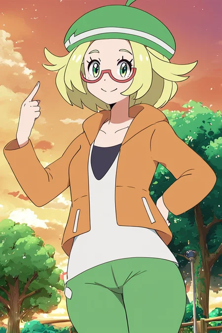score_9, score_8_up, score_8, medium breasts, (curvy), cute, eyelashes, BREAK, , ,,, zzBianca, blonde hair, short hair, green eyes, green hat, glasses, orange jacket, white shirt, green pants, <lora:Bianca_Pokemon_PDXL:0.8>, ,,,, BREAK, smile, looking at viewer, cowboy shot, ,,, outdoors, sky, day, cloud, tree, blue sky, sunny, ,,, Expressiveh, ,,, <lora:Alola_Style_PDXL:0.8>, <lora:Expressive_H-000001:0.4>,