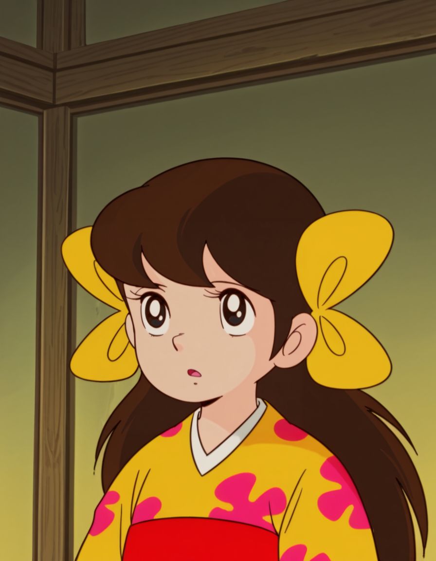 masterpiece, best quality, 
<lora:Sakura:1>, saku4a, long hair, brown hair, black eyes, yellow kimono, multiple hair bows, 1980s \(style\),