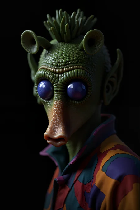 A hyper-realistic portrait, photorealistic photo close-up image of A of Rodian alien man with snout in a colorful shirt (photography, high-resolution, dynamic, energetic,hyper-realistic, dramatic lighting, shallow depth of field.), detailmaximizer, MythP0rt<lora:aidmaMJ6.1-FLUX-V0.1:0.4><lora:FluxMythP0rtr4itStyle:0.4><lora:detailed_flux_ntc:2.2><lora:aidmaImageUpgrader-FLUX-V0.1:0.65><lora:RODIAN_1:1.1>