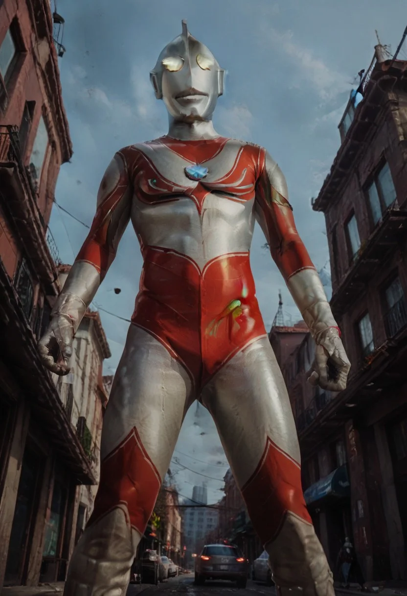 score_9, score_8_up, score_7_up, score_6_up, score_5_up, score_4_up,male focus,ultraman,a city where the remains of a slain monster remain, ultraman about to fly into the sky after the battle, a giant superhero taller than a building, the light on his chest is flashing red, no human,alien,giant superhero,silver head,hard mask,yellow glowing eyes,silver rubber bodysuit with red line, slim,glowing hemisphere on the chest,Double line,silver gloves and boots,no smile,no eyes,no nose,slim,huge,angle from below,negative_hand