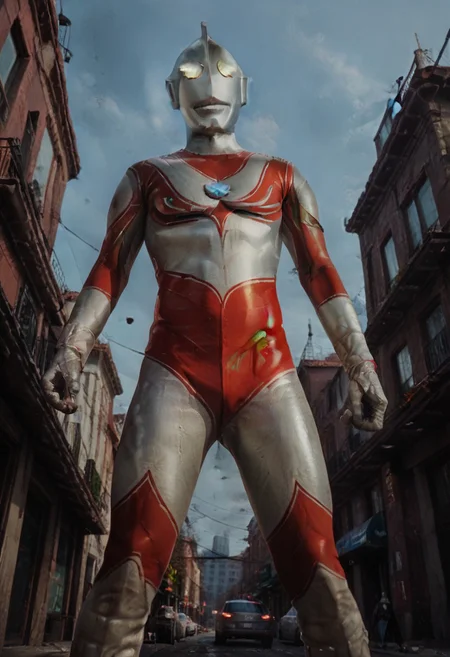score_9, score_8_up, score_7_up, score_6_up, score_5_up, score_4_up,male focus,ultraman,a city where the remains of a slain monster remain, ultraman about to fly into the sky after the battle, a giant superhero taller than a building, the light on his chest is flashing red, no human,alien,giant superhero,silver head,hard mask,yellow glowing eyes,silver rubber bodysuit with red line, slim,glowing hemisphere on the chest,Double line,silver gloves and boots,no smile,no eyes,no nose,slim,huge,angle from below,negative_hand