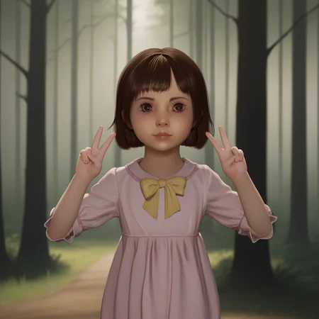 score_9_up, score_8_up, BREAK, MarleneWallace, 1girl, solo, brown hair, short hair, brown eyes, dress, ribbon, cowboy shot, <lora:MarleneWallace_PXL_Leaf1_r1:1>, forest, double v, looking at viewer,