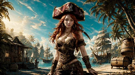 (young redhead pirate woman), ((oil paint) portrait), (parrot:1.2), sharp focus, (ultradetailed), (standing), (happy) smile, pirate (ship galleon:1.2, hoop earrings, gold medallion, Dark Purple pirate clothes, pirate hat, hips, pirate (village), leafy beach coast, (treasure chest with coins, gems and jewels:1.2), (rum barrel), best quality masterpiece, bright sunny sky, backlight, natural lights, high contrast, hdr, shadows, pretty, beautiful, feminine, sexy, adorable, lovely, in love, (PirateDiffusionprt:0.5), <lora:Pirate:0.3> PrateT <lora:PirateRealms:0.3> <lora:Detail Tweaker LoRA add_detail:0.8> <lora:depth_of_field_slider_v1:5> <lora:SDXLrender_v2.0:0.9>