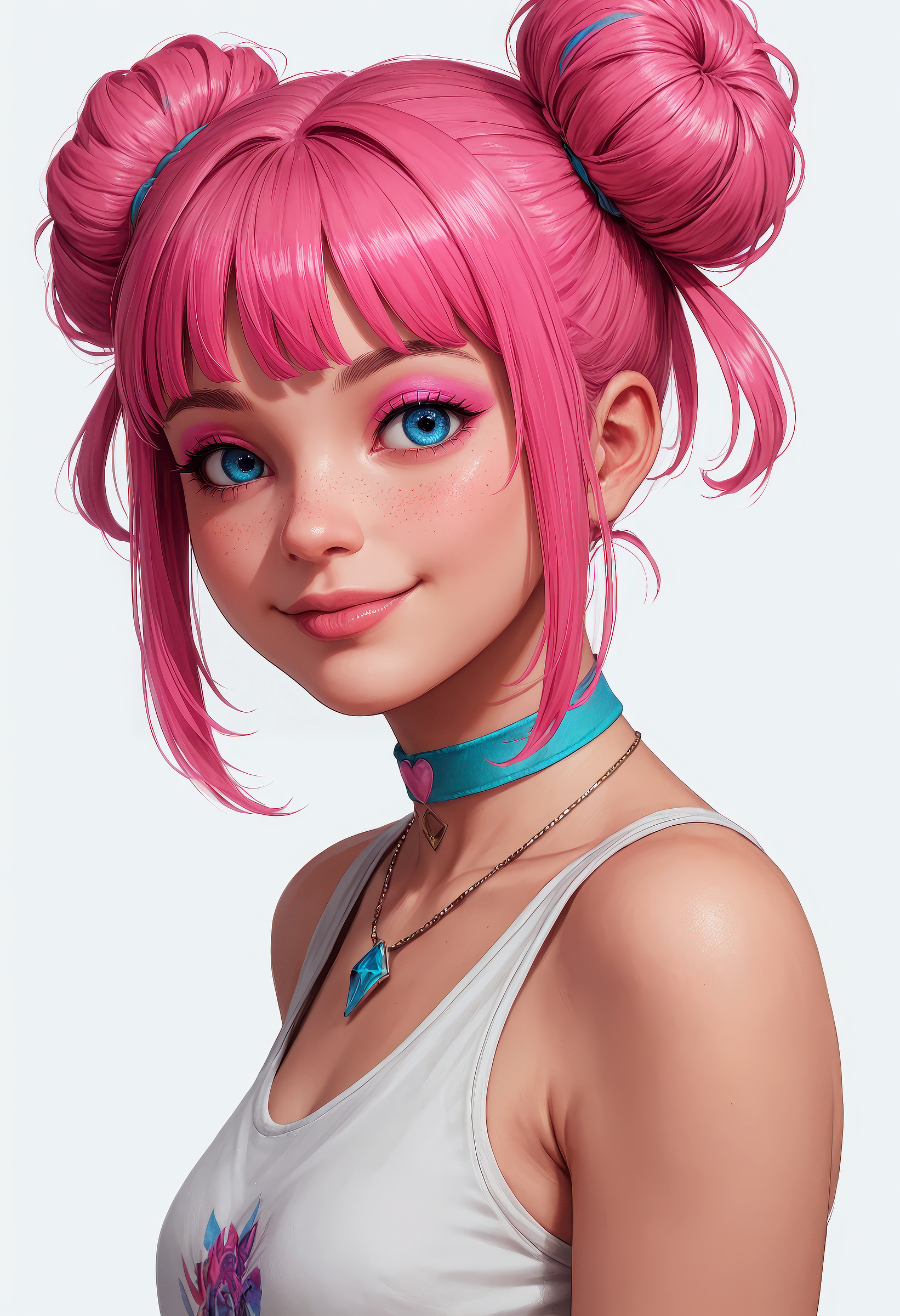 score_9, score_8_up, score_7_up, (masterpiece, best quality),
1girl, pink hair, blue eyes, necklace, (bangs:1.1), side view, (detailed face and eyes:1.2), white background, perfect cute face, turning to look at viewer, vibrant colours, cocky smile, choker, (freckles:0.6), eyeshadow, pigtail buns, round face