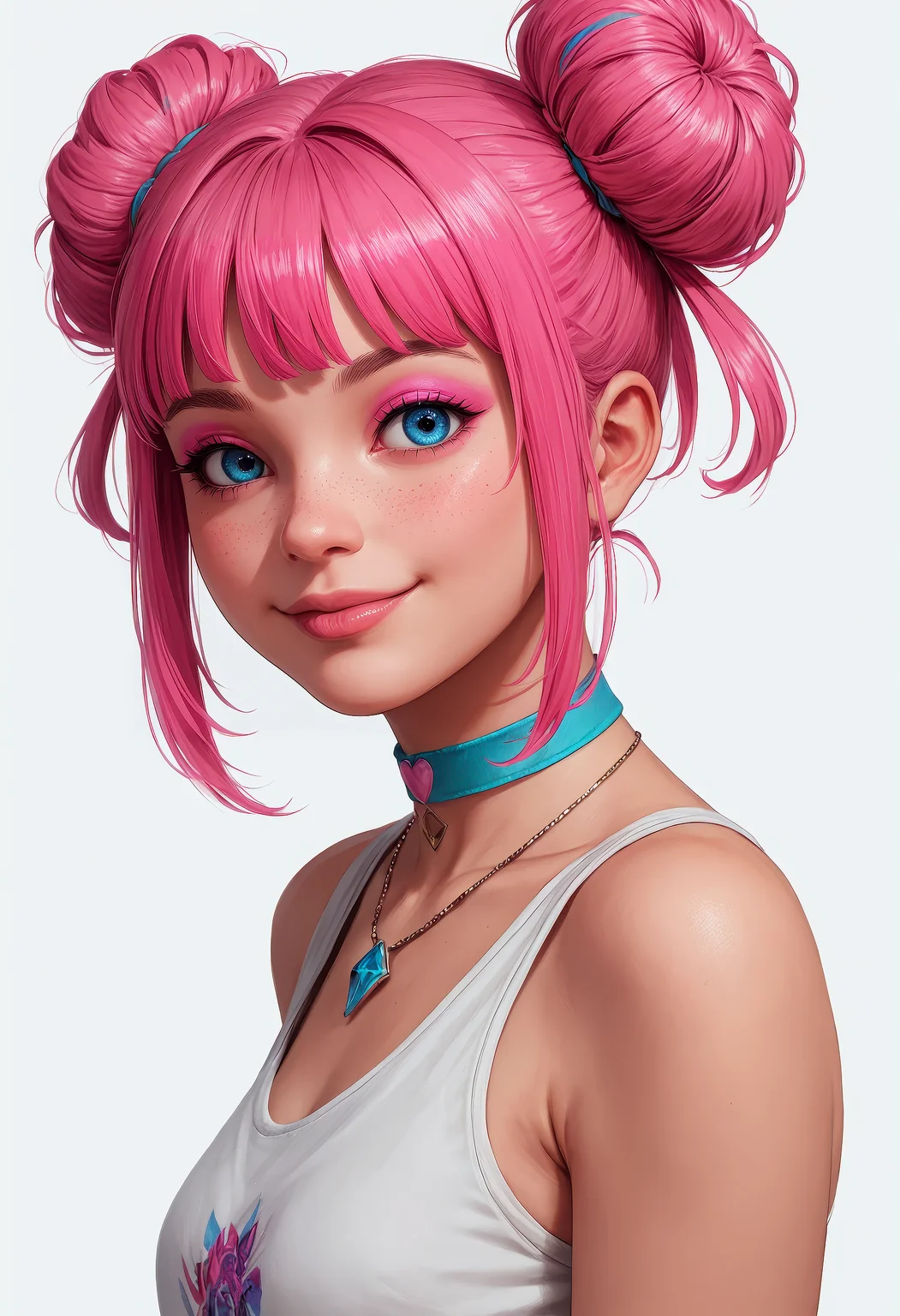 score_9, score_8_up, score_7_up, (masterpiece, best quality),
1girl, pink hair, blue eyes, necklace, (bangs:1.1), side view, (detailed face and eyes:1.2), white background, perfect cute face, turning to look at viewer, vibrant colours, cocky smile, choker, (freckles:0.6), eyeshadow, pigtail buns, round face