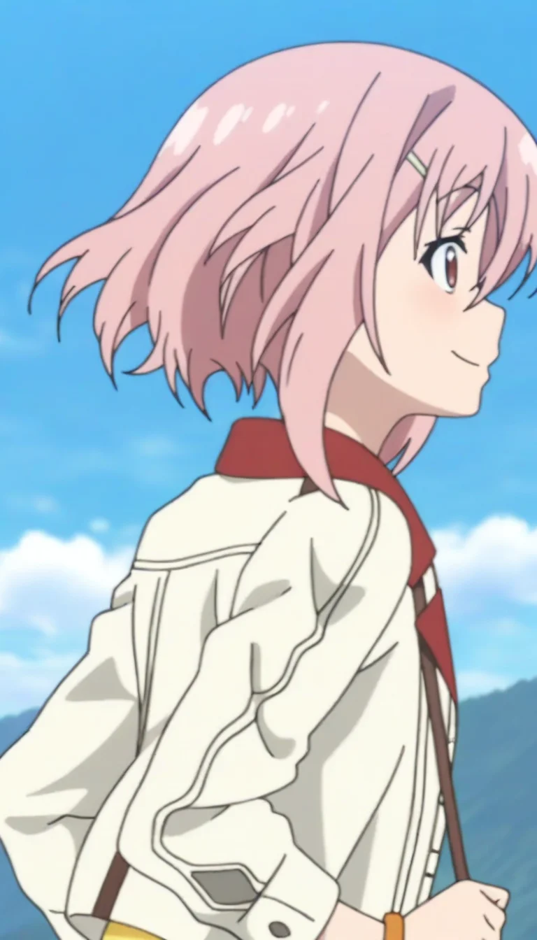 masterpiece,best quality,amazing quality,
<lora:yoshinokoharuNAI:1>,yoshinokoharu,
1girl, solo, pink hair, short hair, yellow hairpin, bangs, red eyes, white jacket, upper body, holding brown bag strap, running, flowing hair, from side, smile, outdoors, day, blue sky, cloud, hill, depth of field