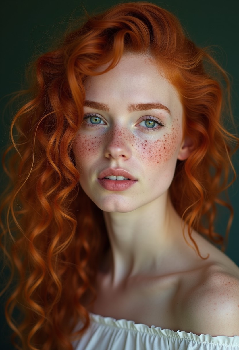 freckled Irish beauty with fiery red curls and pale translucent skin