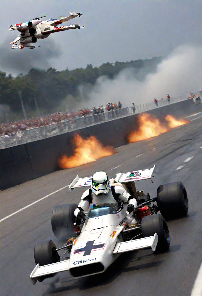 a storm trooper drifting a formula 1 X-wing seen from the side as it passes the onlookers