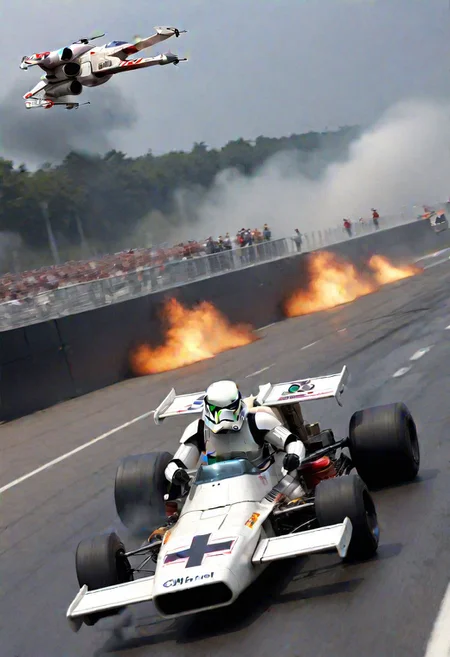 a storm trooper drifting a formula 1 X-wing seen from the side as it passes the onlookers