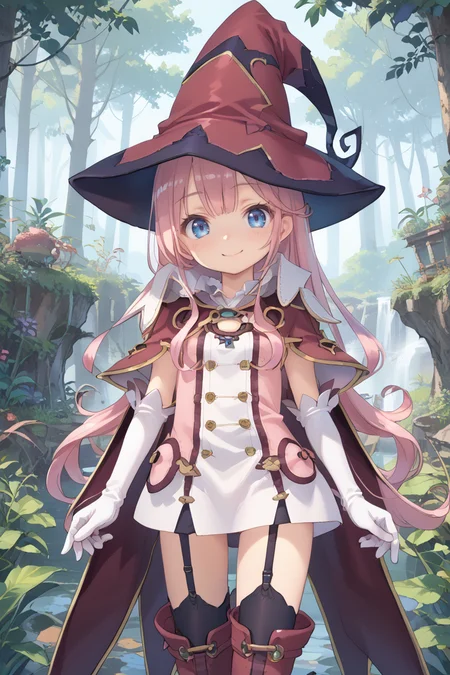 score_9, score_8_up, score_7_up, score_6_up, source_anime, BREAK, <lora:Pamela:0.8> pamdef, 1girl, pink hair, long hair, blue eyes, witch hat, white skirt, witch outfit, white elbow gloves, cape, black zettai ryouiki, thighhighs, garter straps, boots, cowboy shot, looking at viewer, smile, happy, scenery, exterior, outdoors, forest, jungle, <lora:backgroundsetXL:0.3> , background,
