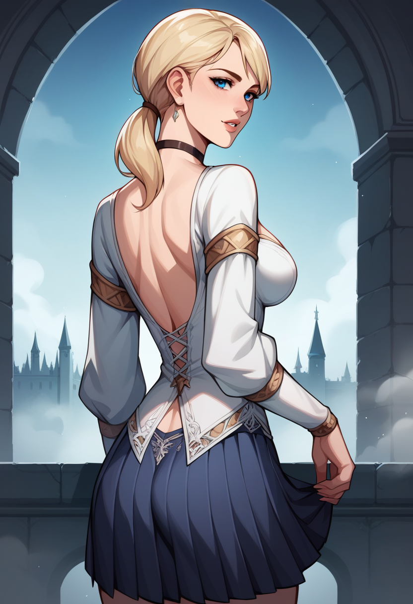 score_9, score_8_up, score_7_up, score_6_up, source_anime, BREAK masterpiece, <lora:FionaHG-000008(1):1>, FionaHaunting, blonde hair, choker, white dress, pleated skirt, puffy sleeves, ponytail, parted lips, breasts, looking at viewer, fog, castle, indoors, night, blue eyes, back, from behind, looking back, backless outfit,