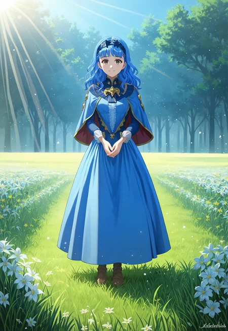 masterpiece, 1girl, full body, solo, looking at viewer, smile, outdoors, grass, flowers, masterpiece, best quality, long hair, blue dress, capelet, hairband, smiling, facing viewer, looking at viewer, sunlight, scenery, spotlight, pasture, light particles, (((blue hair))),