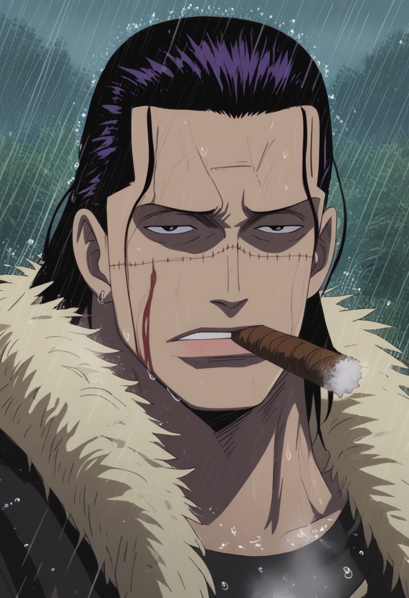 score_9, score_8_up, score_7_up, source_anime, rating_explicit, glint, sparkling, raining, wet, CrocodileOP, (black-purple_Croco_hair), Croco_scar across face, brown_Croco_cigar, Croco_injury, black eyes, 1boy, male focus, anime screencap, frown, shaded face,