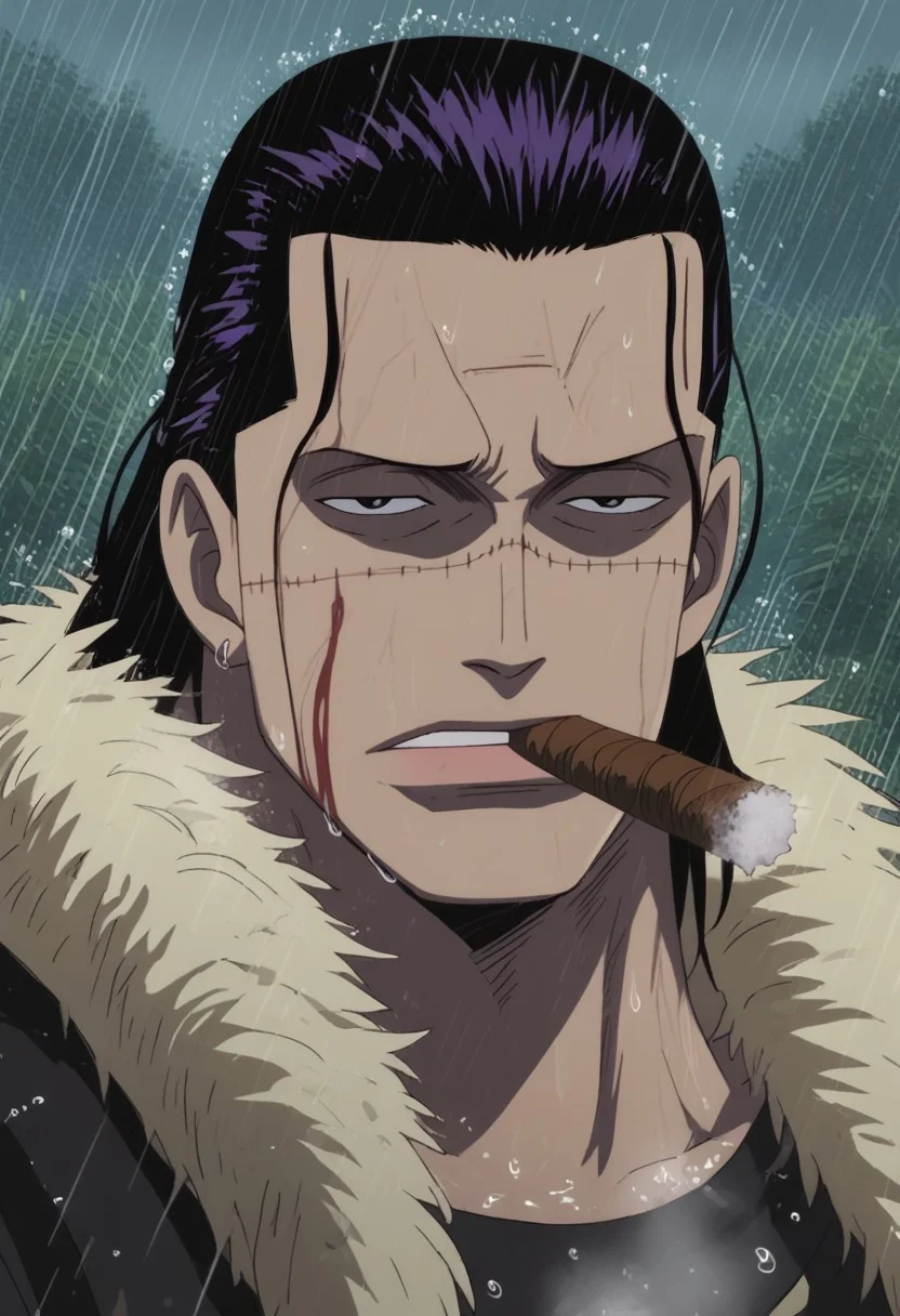 score_9, score_8_up, score_7_up, source_anime, rating_explicit, glint, sparkling, raining, wet, CrocodileOP, (black-purple_Croco_hair), Croco_scar across face, brown_Croco_cigar, Croco_injury, black eyes, 1boy, male focus, anime screencap, frown, shaded face,