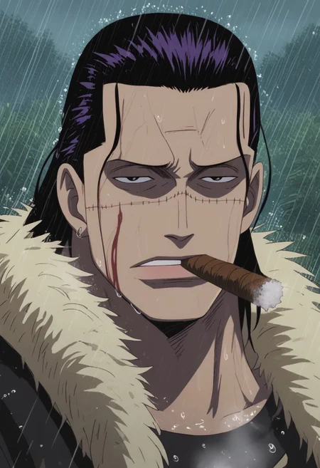 score_9, score_8_up, score_7_up, source_anime, rating_explicit, glint, sparkling, raining, wet, CrocodileOP, (black-purple_Croco_hair), Croco_scar across face, brown_Croco_cigar, Croco_injury, black eyes, 1boy, male focus, anime screencap, frown, shaded face,