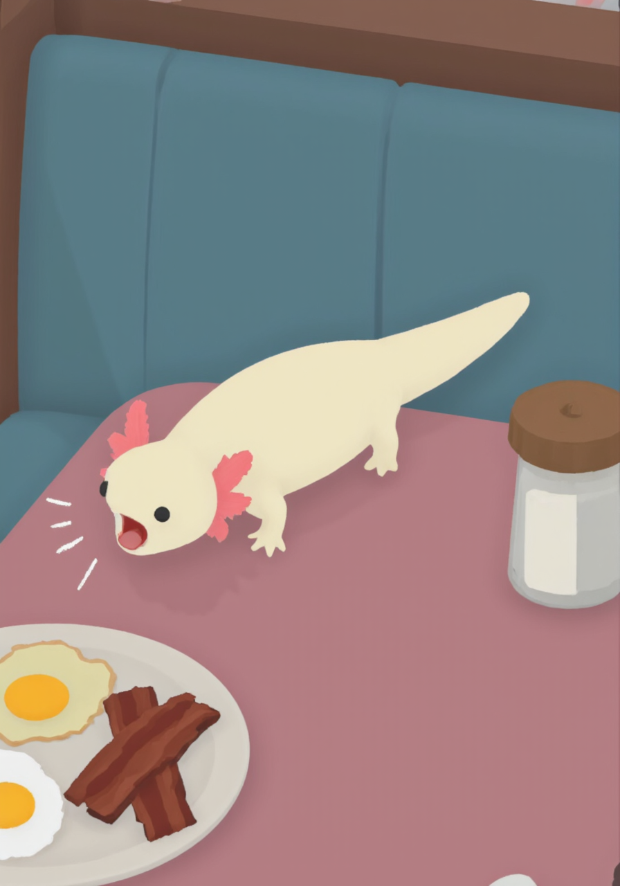 overhead perspective g00se art with smooth textureless style with muted pastel palette of, a tiny axolotl with pink frilly gills and round black eyes, barking with its mouth open with sound lines crawling on a diner table next to a plate with eggs and bacon<lora:g00se.safetensors:1.0:1.0> <lora:Axomodel_Flux_V2.safetensors:1:1>