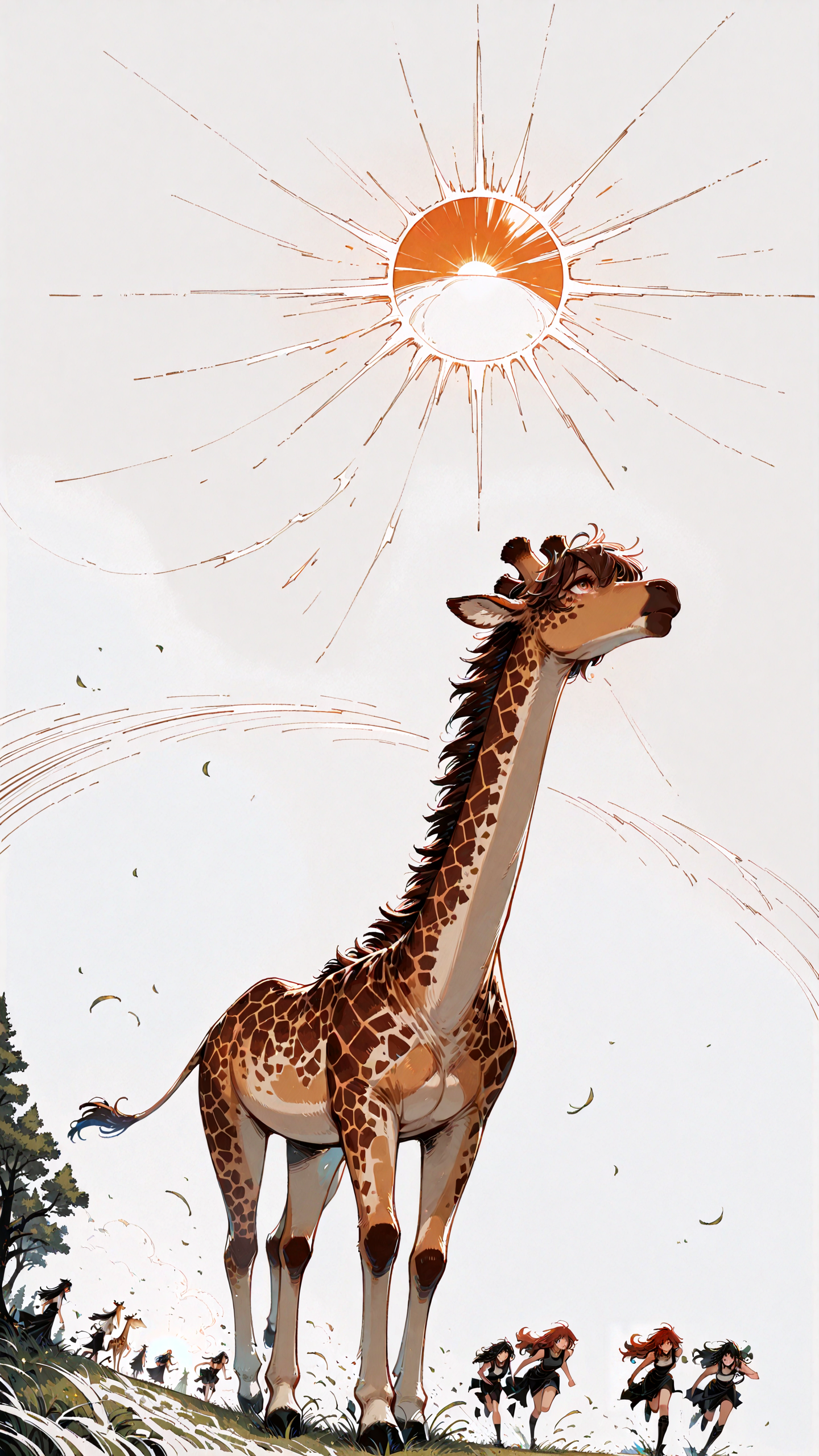 masterpiece, newest,absurdres,incredibly absurdres, best quality, amazing quality, very aesthetic, (simple white background:1.2), western comics \(style\), 
3girls, running, grass, tree, speed lines, sun, giraffe,
<lora:ka_marukogedago:1> k4_illu,  <lora:style1_v1_Illusv2.0_1:1> stylized  <lora:[Cygames Mobage (Hideo Minaba Yuya Nagai Ryoji Ohara)] Granblue Fantasy Art Style Illustrious_1656091:1> granbluefantasysyleil