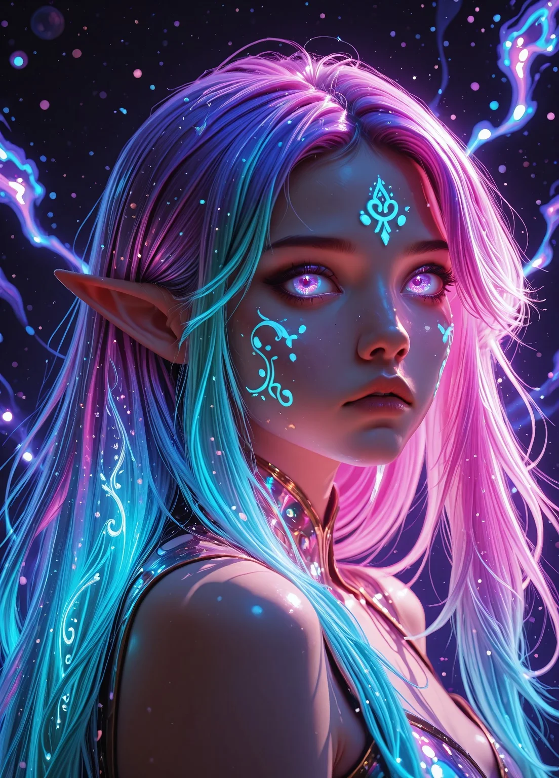 (face close-up:1.7), head only, sideview, extreme zoom-in, ultra detailed ethereal elven face, glowing bioluminescent skin, (ethereal skintextures:1.2),(excessive glowing runes on face:1.6), intricate glowing facial tattoos, mystical radiant light, (ethereal rainbow colored glowing hair:1.4), (ethereal rainbow colored glowing eyebrows:1.4),ethereal glowing makeup,long curved elf ears, neon light reflection on cheeks, cinematic lighting, fantasy portrait, amethyst eyes with gold flecks, glowing eyes, iridescent aura, magical energy shimmer, jellyfish glow effect, cyberpunk glow, ethereal fantasy style, high fantasy, Semi real