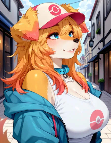 masterpiece, best quality, very aesthetic, absurdres,
outdoors,
upper body,  body, standing, posing, 
seductive smile, parted lips, long eyelashes,
<lora:Blue_v01_NAIXL:1>
81u3,1girl,solo,furry,furry female,dog girl,dog ears,long hair,blonde hair,multicolored hair,orange hair,baseball cap,blue eyes,snout,animal nose,collar,body fur,two-tone fur,dog ears,