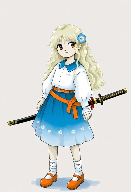 watercolor, aesthetic, colorful, jaggy lines, zun \(style\), BREAK, 1girl, solo, (medium height, pale blonde hair, long hair, wavy hair, (Nemophila, flower in hair), orange eyes, white blouse, blue shirt collar, long sleeves, blue skirt, mary janes, orange footwear, orange belt, katana sheath, white leg wraps, white hand wraps,