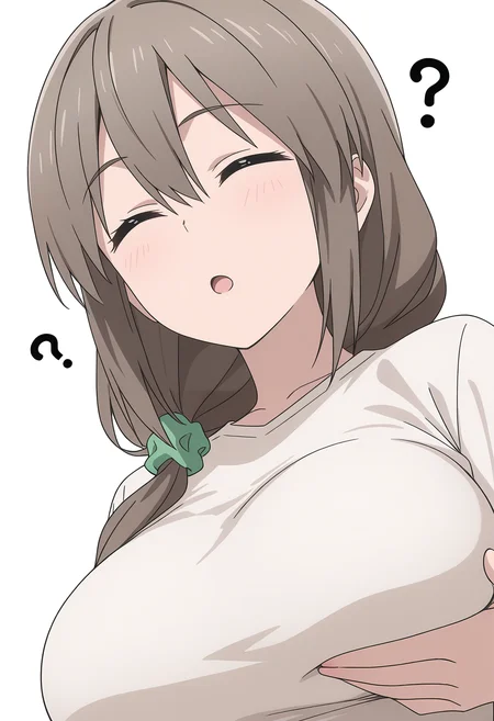 Smooth Quality,masterpiece,beautiful aesthetic, very intricate, high quality details, ultra realistic, high detailed skin,
simple background, white background,
sideways,:o,holding own breasts,skin tight,?, holding own breasts,
<lora:Uzaki_Tsukicnn:0.7> usakitsuki/cnn, 1girl, closed eyes, long hair, mature female, brown hair, hair between eyes, scrunchie, large breasts,